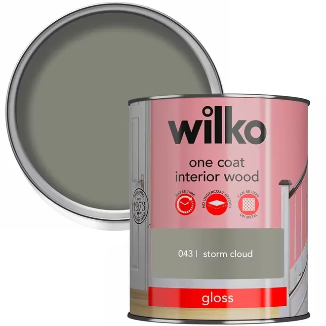 Wilko One Coat Interior Wood Storm Cloud Gloss Paint 0.75L offers at £9.23 in Wilko