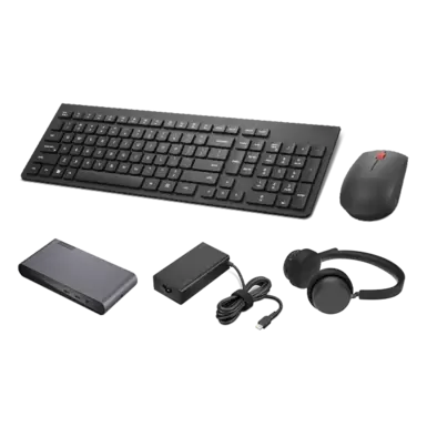 Lenovo USB-C Universal Business Dock, Lenovo Wireless VoIP Headset, Lenovo Essential Wireless Combo Keyboard & Mouse and Power Supply offers at £160 in Lenovo