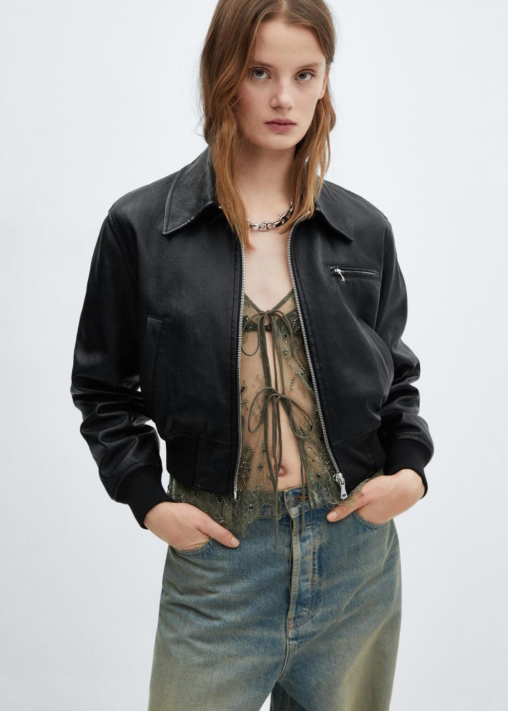 Vintage leather-effect jacket offers at £49.99 in MANGO