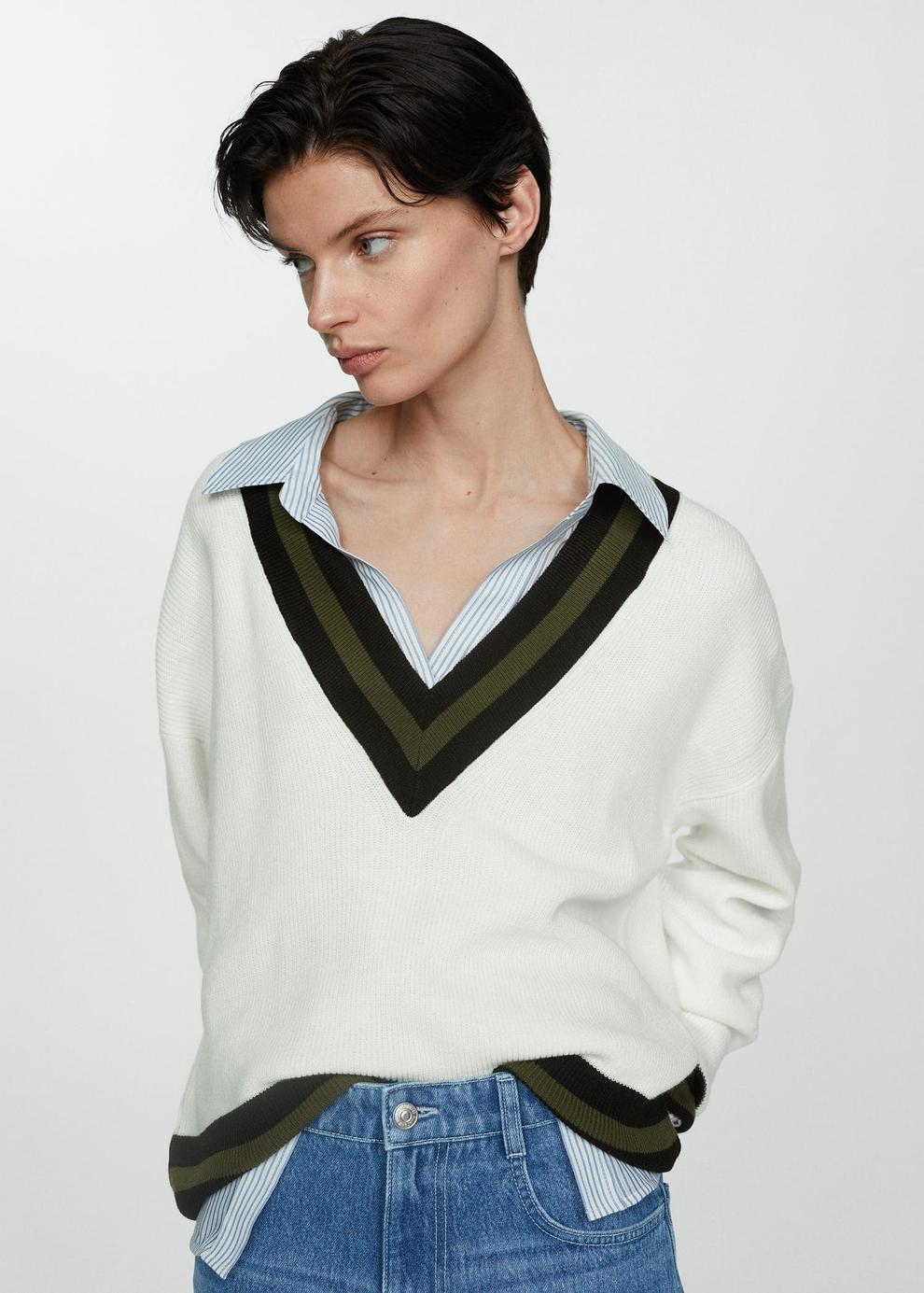 Contrasting V-neck sweater offers at £22.99 in MANGO