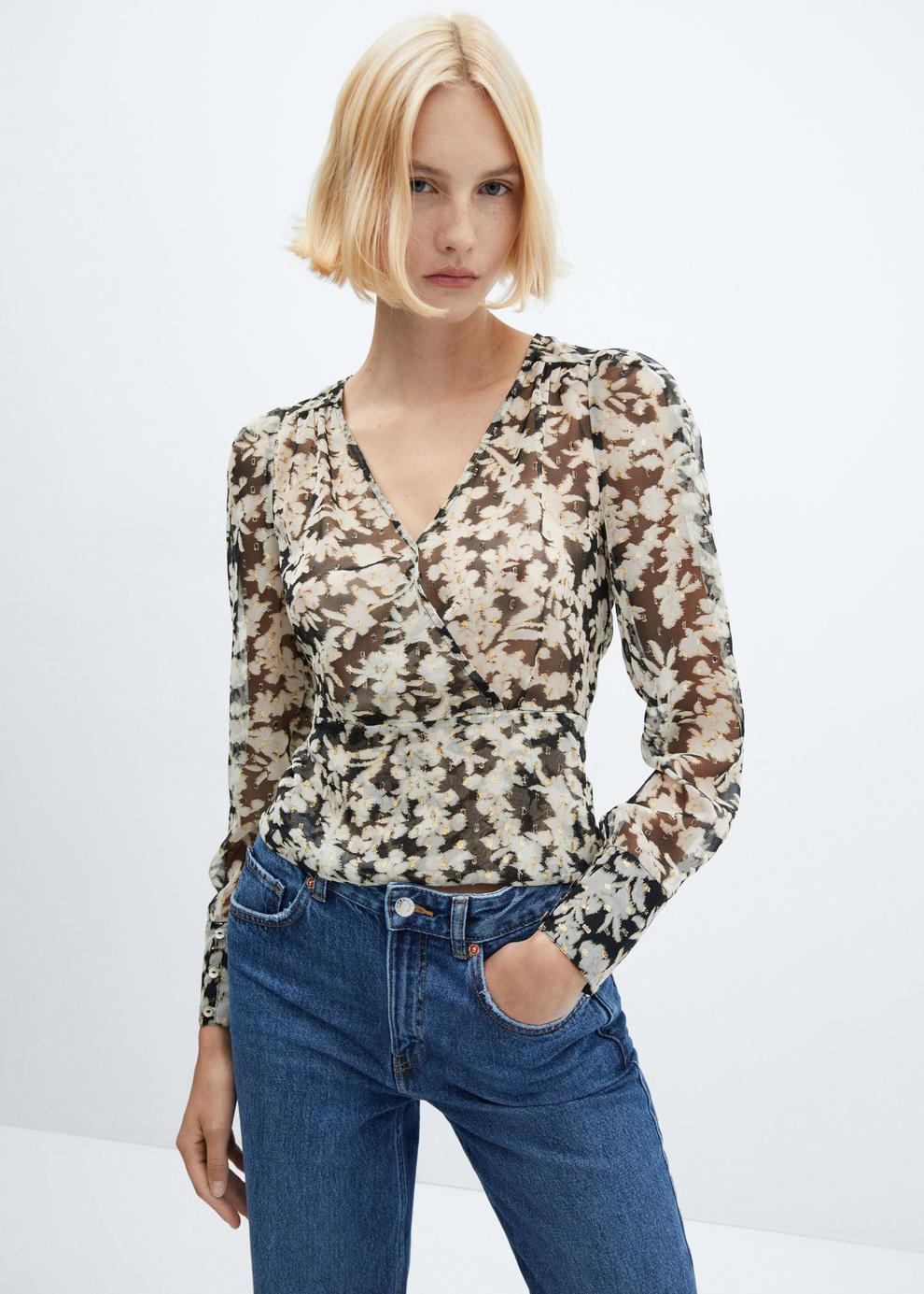 Floral print crossover blouse offers at £22.99 in MANGO