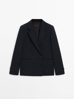 Navy blue double-breasted buttoned blazer offers at £169 in Massimo Dutti