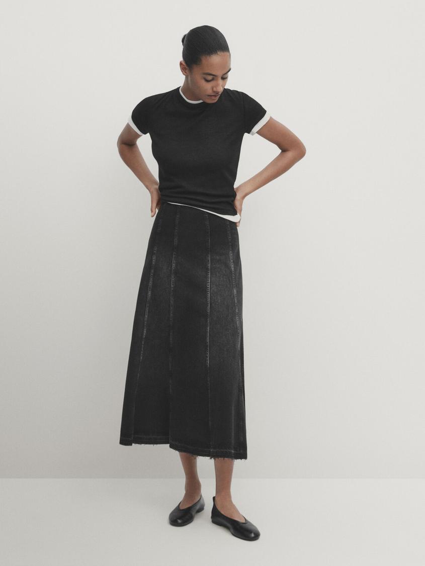 Denim midi skirt with seams and frayed hem offers at £29.95 in Massimo Dutti