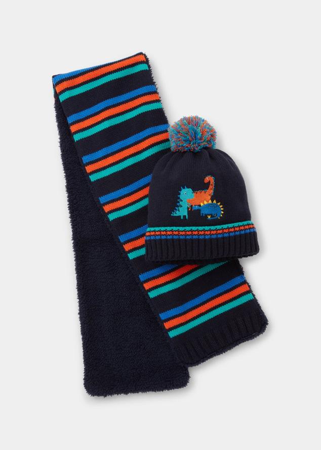 Kids 2 Piece Navy Dinosaur Knitted Bobble Hat & Scarf Set (3-6yrs) offers at £6 in Matalan