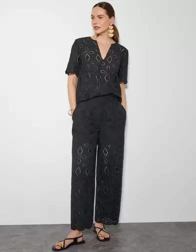 Brooke Broderie Wide Leg Trousers Black offers at £37.5 in Monsoon