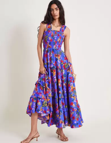 Miley Floral Smocked Ruffle Maxi Dress Blue offers at £45 in Monsoon