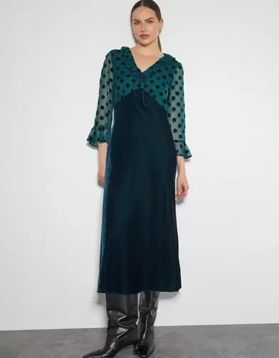 Dora Polka Dot Velvet Midi Dress Teal offers at £75 in Monsoon