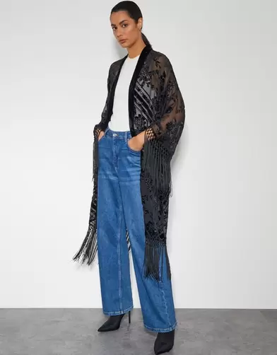 Darcy Fringe Floral Devore Kimono Black offers at £42 in Monsoon