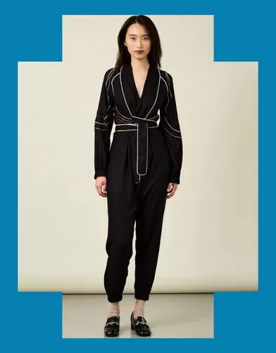 Tallulah and Hope Embroidered Satin Wrap Jumpsuit Black offers at £185.5 in Monsoon