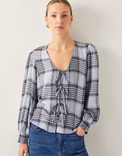 Ava Tie-Front Check Blouse Blue offers at £44 in Monsoon