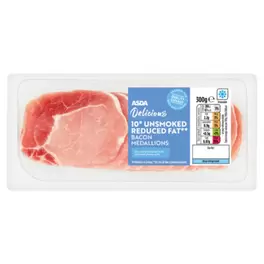 Delicious 10 Unsmoked Reduced Fat Bacon Medallions offers at £3.25 in Asda