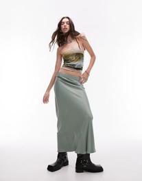 Topshop satin bias maxi skirt with elastic waist band in sea green offers at £38 in ASOS