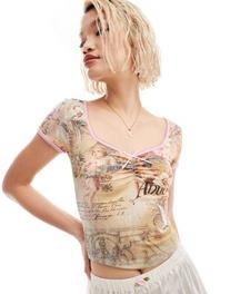 Reclaimed Vintage ruched front cap sleeve tee in renaissance print offers at £25.99 in ASOS