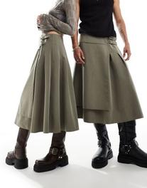 Reclaimed Vintage genderless tailored skirt with buckle in olive green offers at £39.99 in ASOS