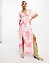 Miss Selfridge angel sleeve button through maxi dress in pink patchwork print offers at £52.99 in ASOS