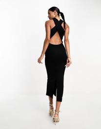 ASOS DESIGN high neck minimal halter midi dress with cross back in black offers at £19.99 in ASOS