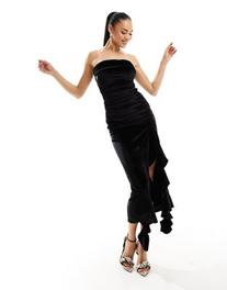 ASOS DESIGN velvet bandeau ruffle maxi dress in black offers at £28.99 in ASOS