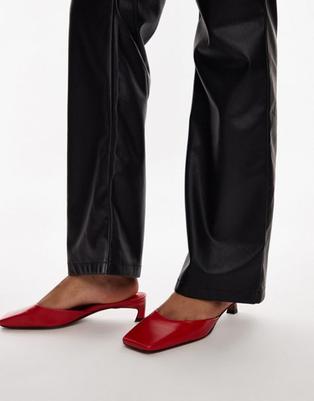 Topshop Audrey premium leather mid heeled square toe mules in red offers at £68 in ASOS
