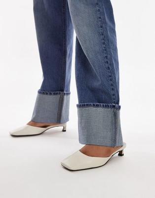 Topshop Audrey premium leather mid heeled square toe mules in off white offers at £68 in ASOS