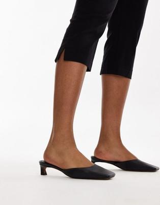 Topshop Audrey premium leather mid heeled square toe mules in black offers at £68 in ASOS