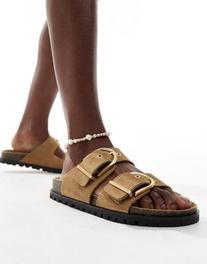 Stradivarius two strap buckle sandal in sand offers at £37.99 in ASOS