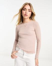 New Look lettuce edge long sleeve top in stone offers at £7.99 in ASOS