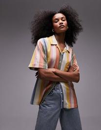 Topshop short sleeve slubby shirt in bright multi stripe offers at £32.3 in ASOS
