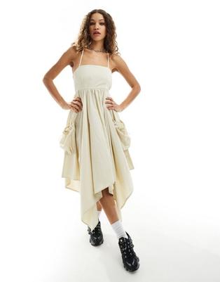 COLLUSION cotton utility babydoll midi dress with hanky hem in stone offers at £35.99 in ASOS