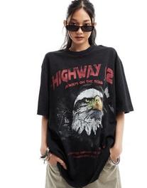 ASOS DESIGN oversized t-shirt with highway rock graphic and nibbling in washed charcoal offers at £20 in ASOS