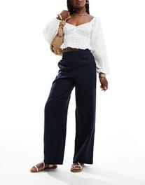 JDY high waist pull on linen look trouser in navy offers at £28 in ASOS