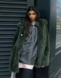 Topshop faux fur funnel midi coat in green offers at £95 in ASOS