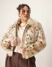 ASOS DESIGN Curve faux fur bomber jacket in snow leopard print offers at £80 in ASOS