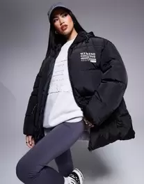 Weekend Collective waisted padded coat with logo in black offers at £64 in ASOS