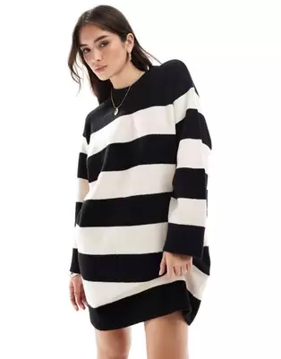 ASOS DESIGN crew neck mini dress with wide cuff in mono stripe offers at £24 in ASOS