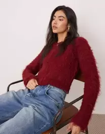 ASOS EDITION fluffy knit zip through cropped cardigan in burgundy offers at £75 in ASOS