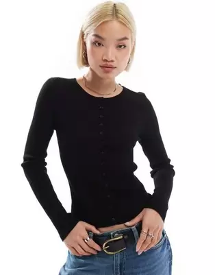 Stradivarius fitted ribbed cardigan in black offers at £19.99 in ASOS