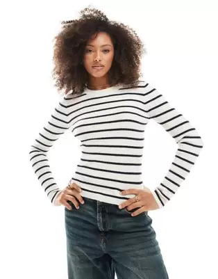 ONLY long sleeve crew neck knitted top in beige with navy stripes offers at £22 in ASOS