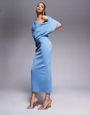 ASOS DESIGN scuba pleated fallen shoulder midi dress with asymmetric back in pale blue offers at £52 in ASOS