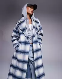 River Island wool look belted coat in blue check offers at £95 in ASOS