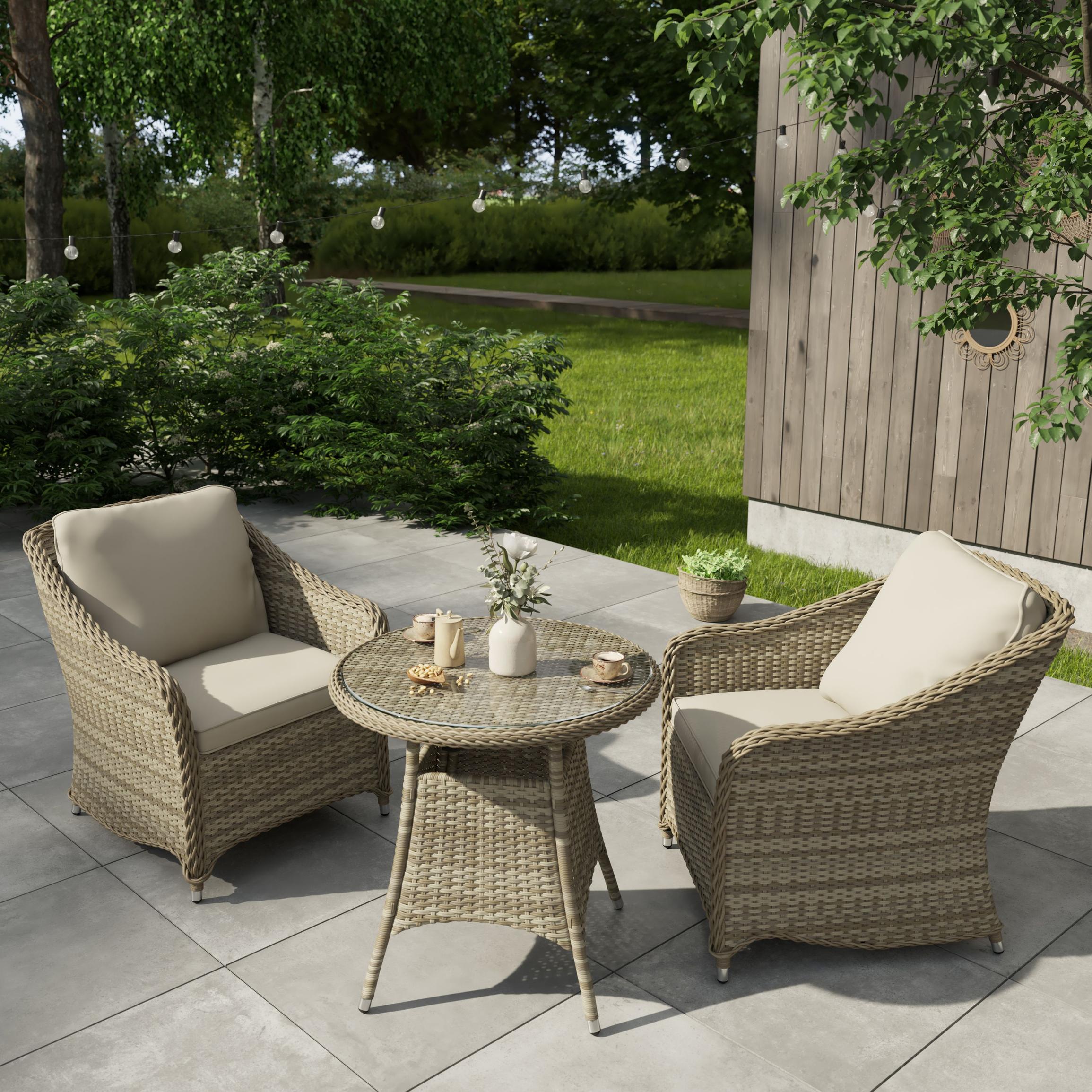 GoodHome Hamilton Cappuccino Rattan effect 2 seater Bistro set offers at £450 in B&Q