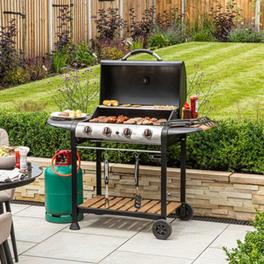 George Foreman Gas BBQ 4 Burner Black and Wood Effect Barbecue GFGBBQ4BW offers at £199.99 in B&Q
