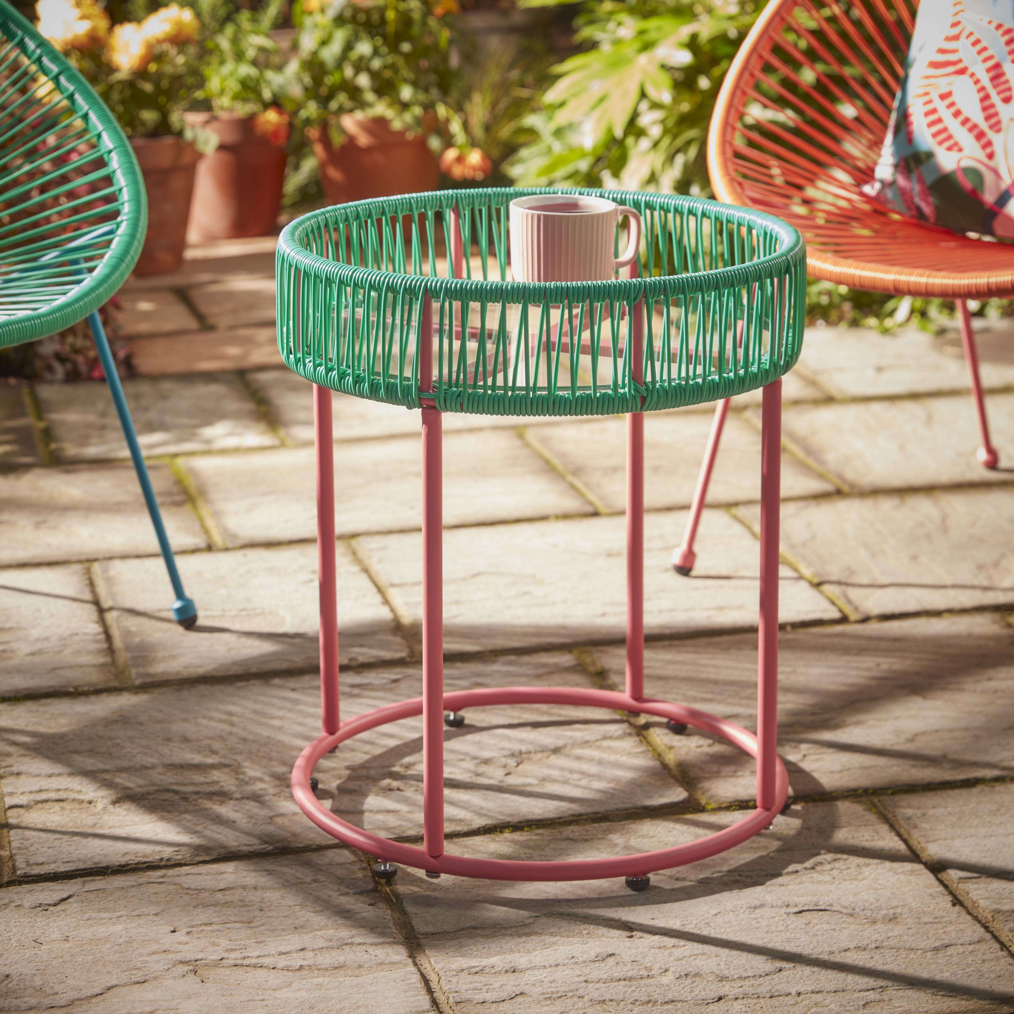Solano Green & Pink Metal Round Side table with Glass Tabletop offers at £30 in B&Q
