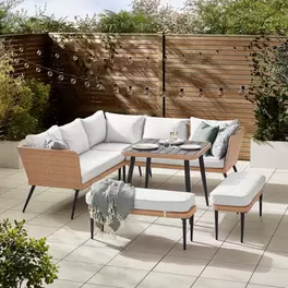 Furniturebox UK Seychelles Beige 9 Seat PE Rattan & Wood Effect Outdoor Garden Sofa Set, Greige Cushions - Free Cover offers at £699.99 in B&Q