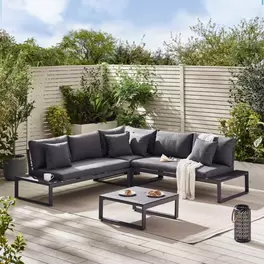 Furniturebox UK Dubai Grey Metal & Wood Effect 6 Seat Outdoor Garden Corner Sofa & Coffee Table, Garden Furniture Set - Free Cover offers at £749.99 in B&Q