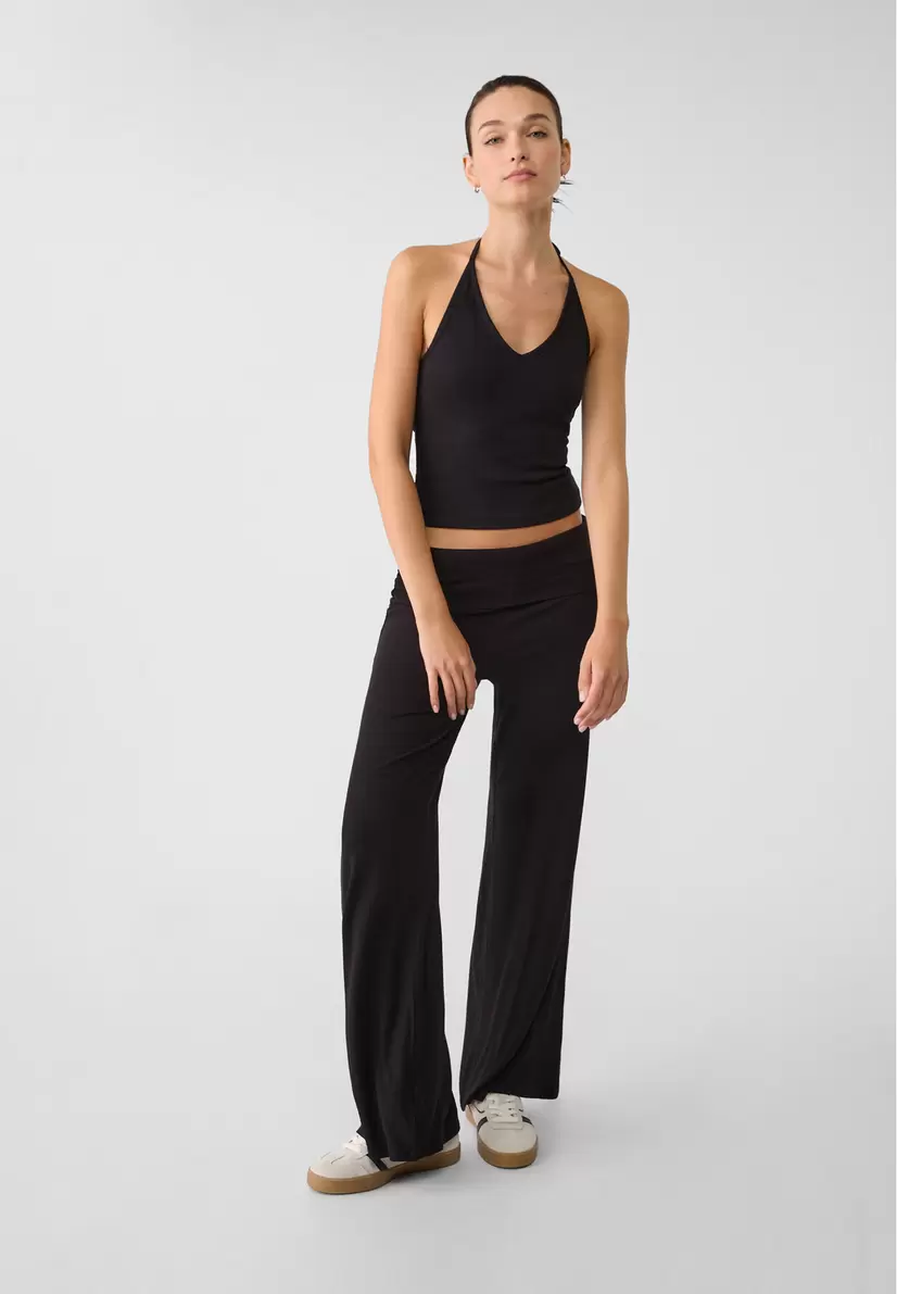 Wide-leg trousers with ribbed fold-down waist offers at £22.99 in Stradivarius