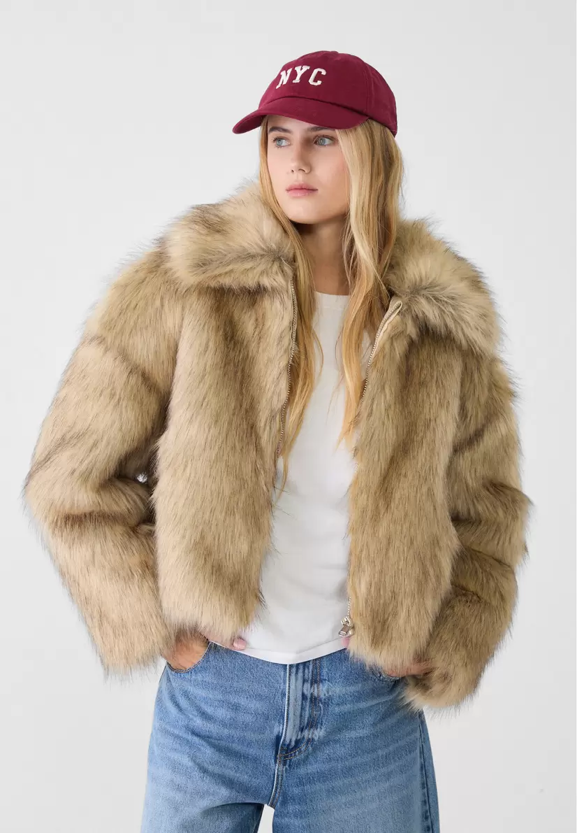 Faux fur wolf jacket offers at £65.99 in Stradivarius