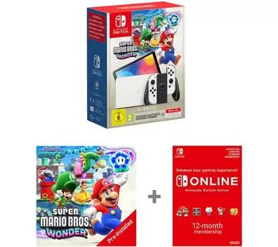 NINTENDO Switch OLED White & Super Mario Bros. Wonder Bundle & Nintendo Switch Online 12 Month Membership offers at £309 in Currys