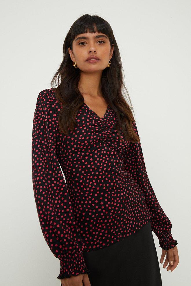 Spot Ruched Front Shirred Cuff Top offers at £10 in Dorothy Perkins