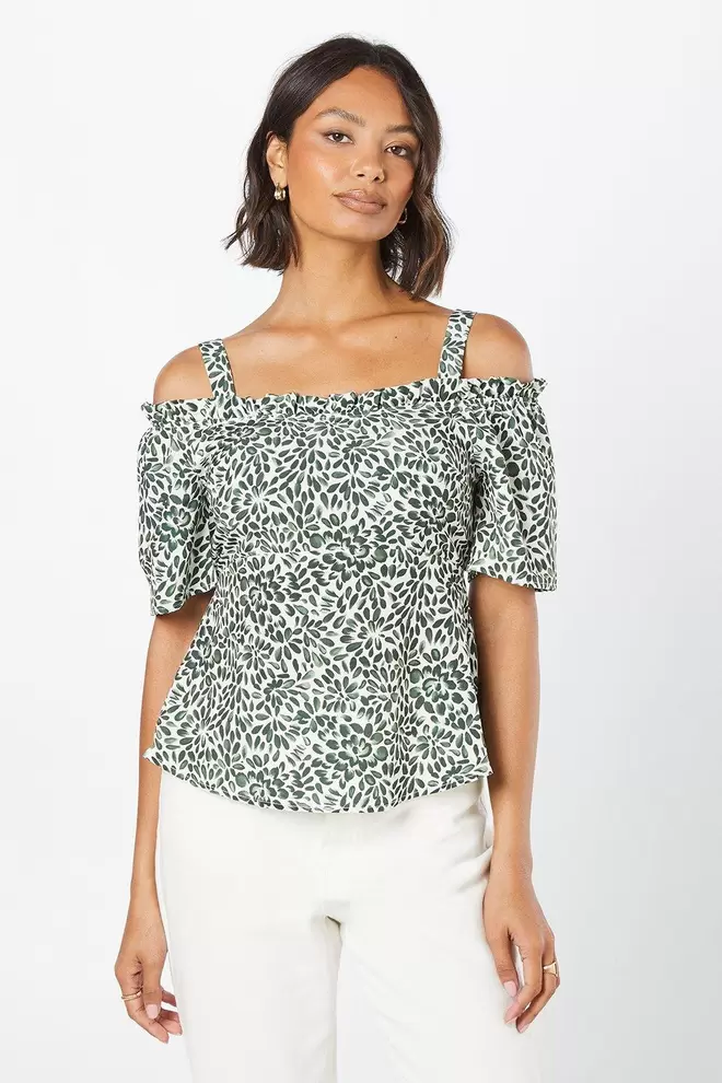 Petite Abstract Print Bardot Strappy Tea Top offers at £14.5 in Dorothy Perkins