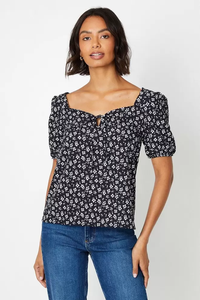 Floral Print Sweetheart Tie Front Blouse offers at £13.75 in Dorothy Perkins